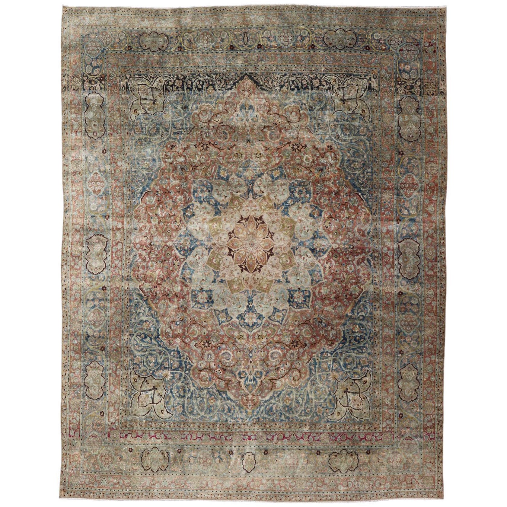 Large Persian Antique Mashad Carpet with Colorful Floral and Medallion Design For Sale