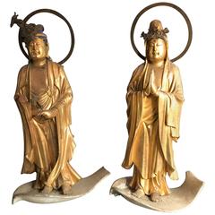 Japan Antique Pair Lovely Gold Gilt Wood Crowned Kannon Buddha, 19th Century