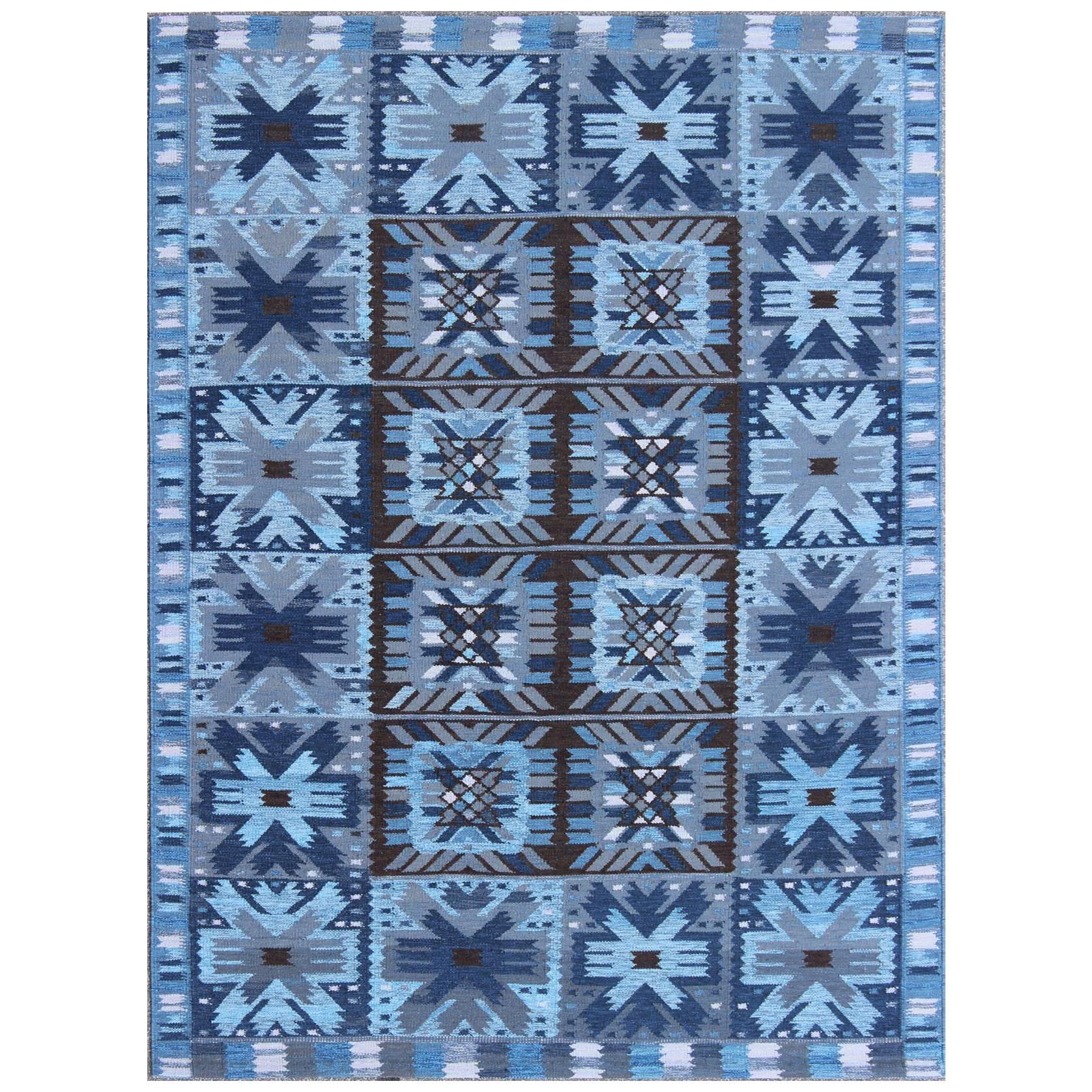 Contemporary Scandinavian Flat-Weave Swedish Design Rug in Blue & Brown Colors