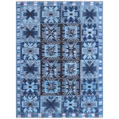 Contemporary Scandinavian Flat-Weave Swedish Design Rug in Blue & Brown Colors