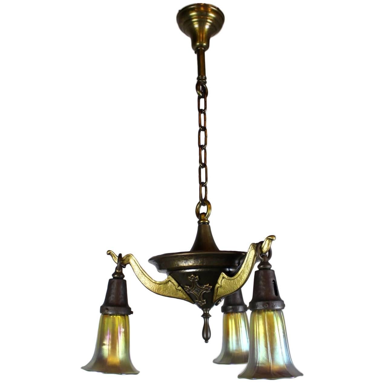 Three-Light Decorative Pan Fixture with Art Glass For Sale