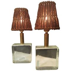 Fontana Arte Style Glass Brick Table Lamps, Pair