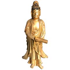 Japan Antique Lovely Gold Gilt Wood Crowned Kannon Holds Sutra Box