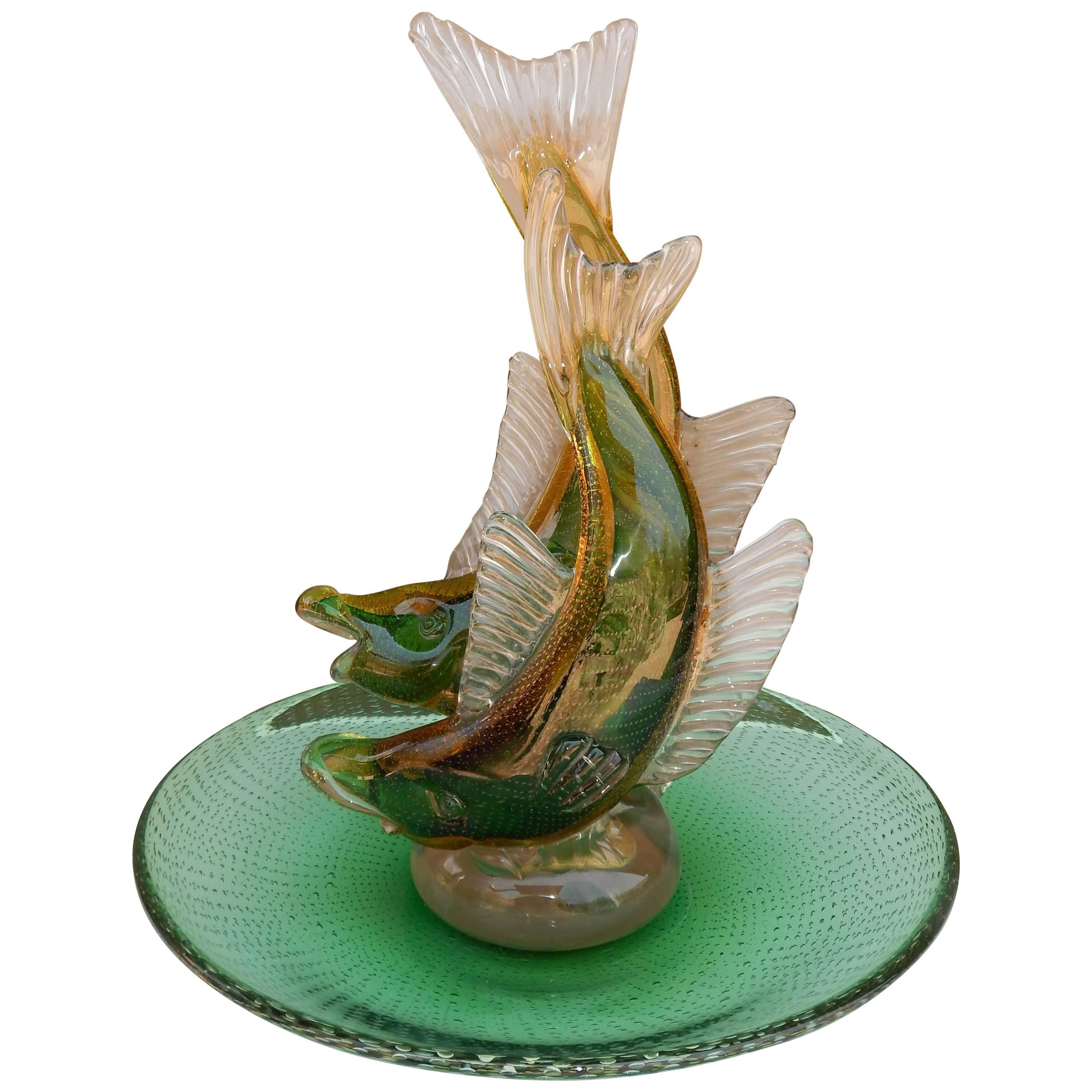 Alfredo Barbini Monumental Italian Glass Double Fish Centerpiece with Bowl For Sale