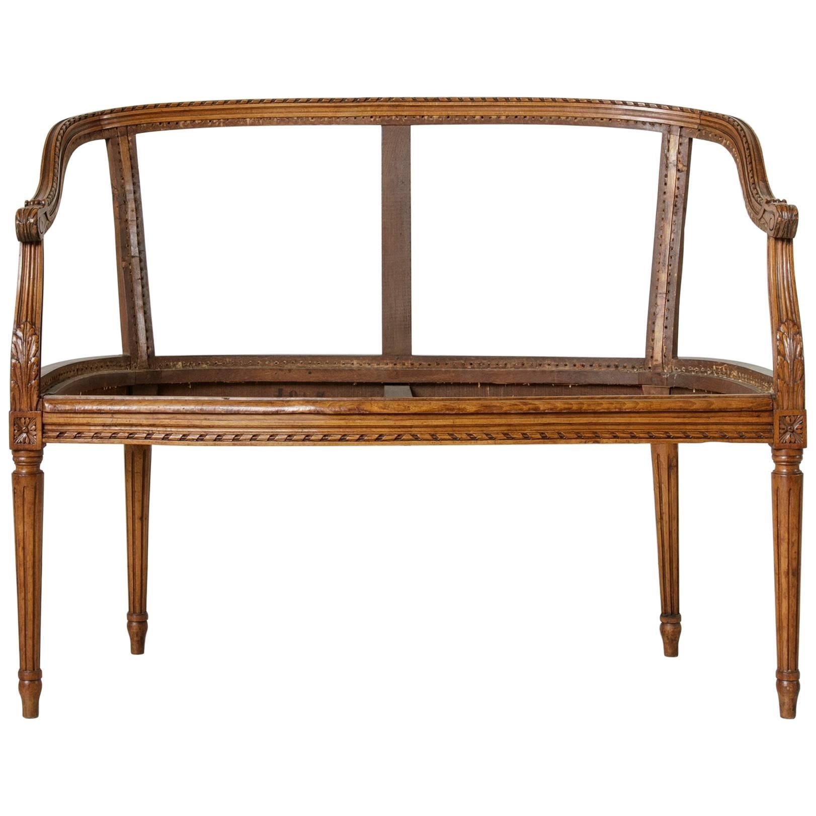 Late 19th Century French Louis XVI Style Hand-Carved Walnut Settee, Bench Frame