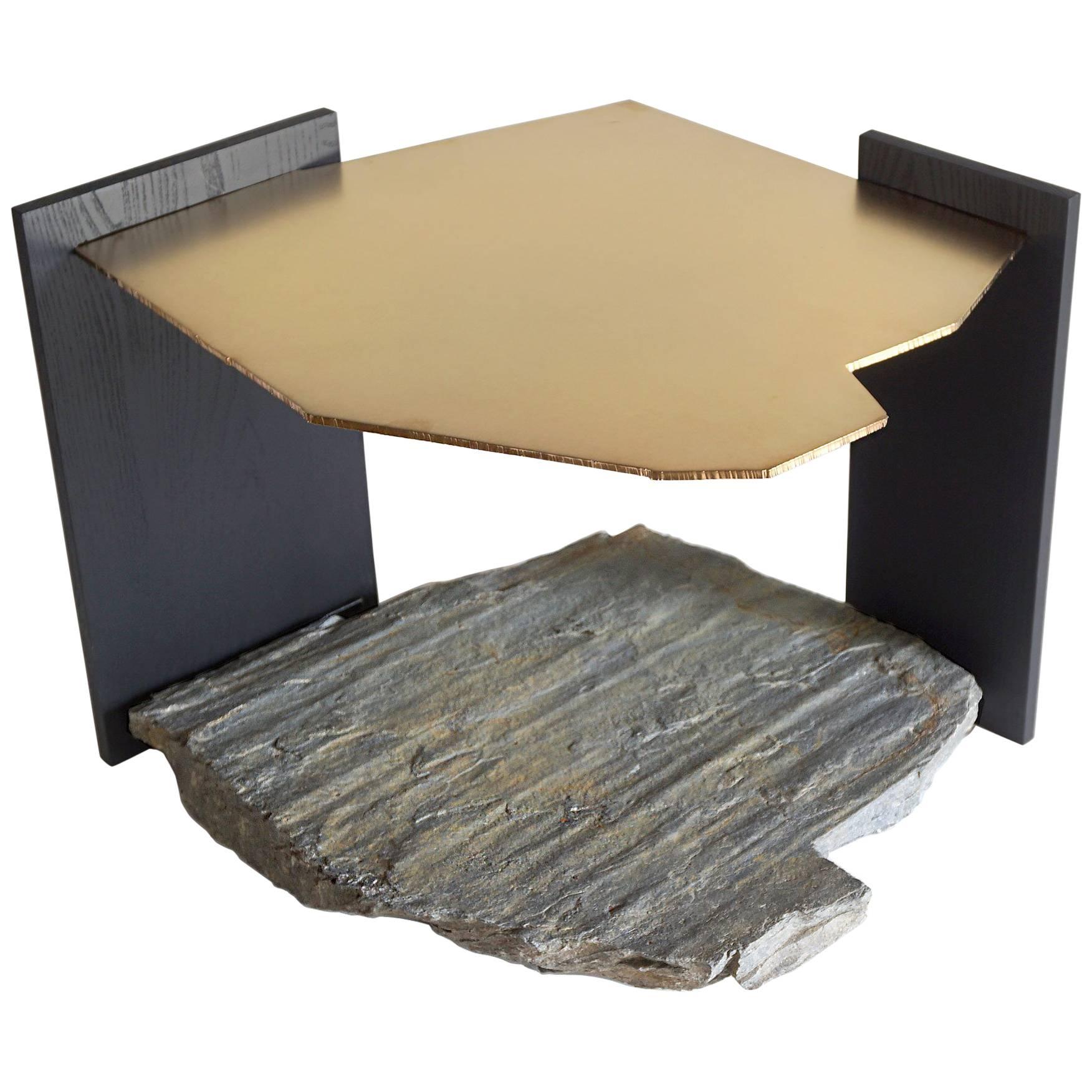 Missisquoi 02 Side Table, in Gold Plating, Natural Stone and Ash by Simon Johns