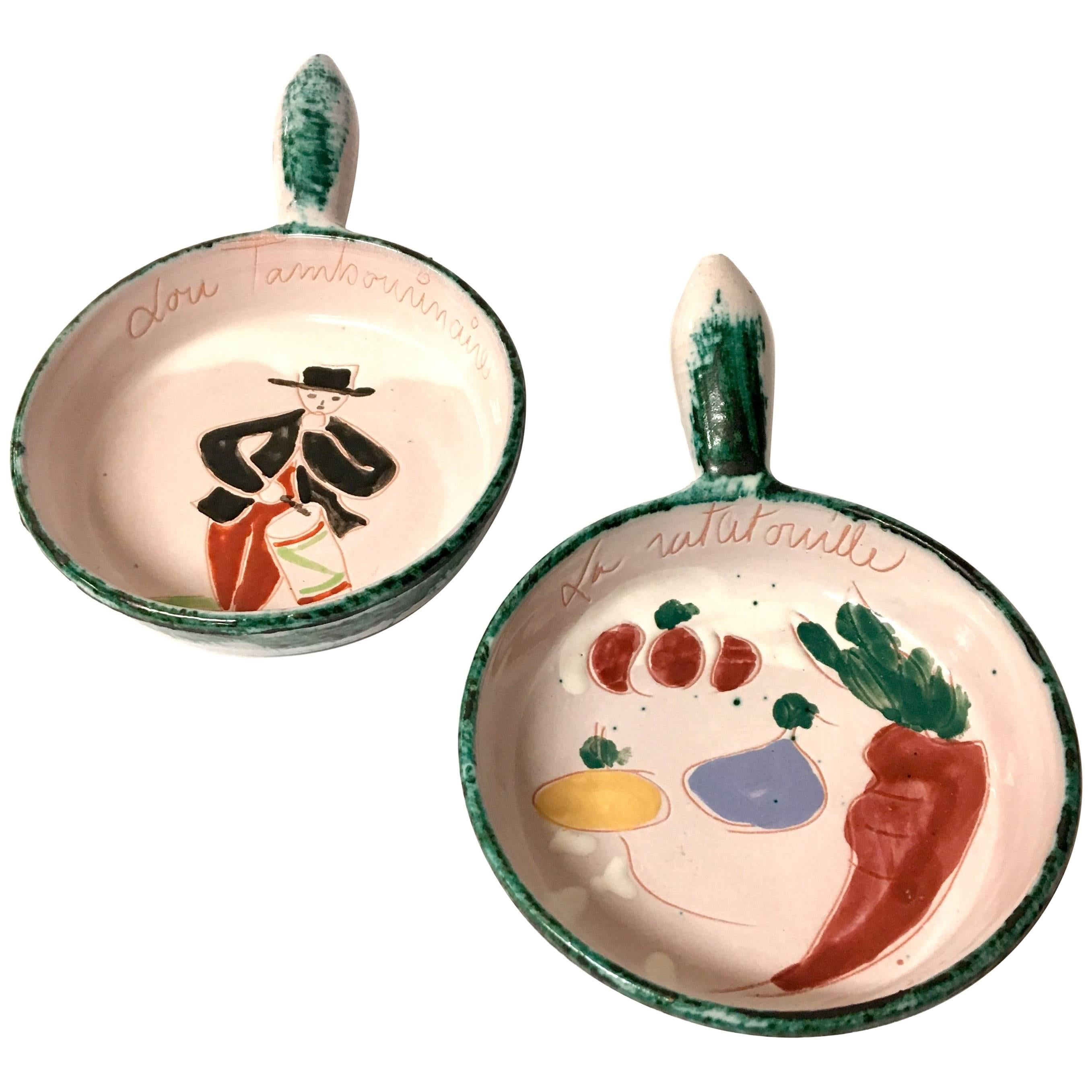 Decorative Mini Casserole "Lou Tambourimaine" & "La Ratatouille" Ceramic Plates For Sale