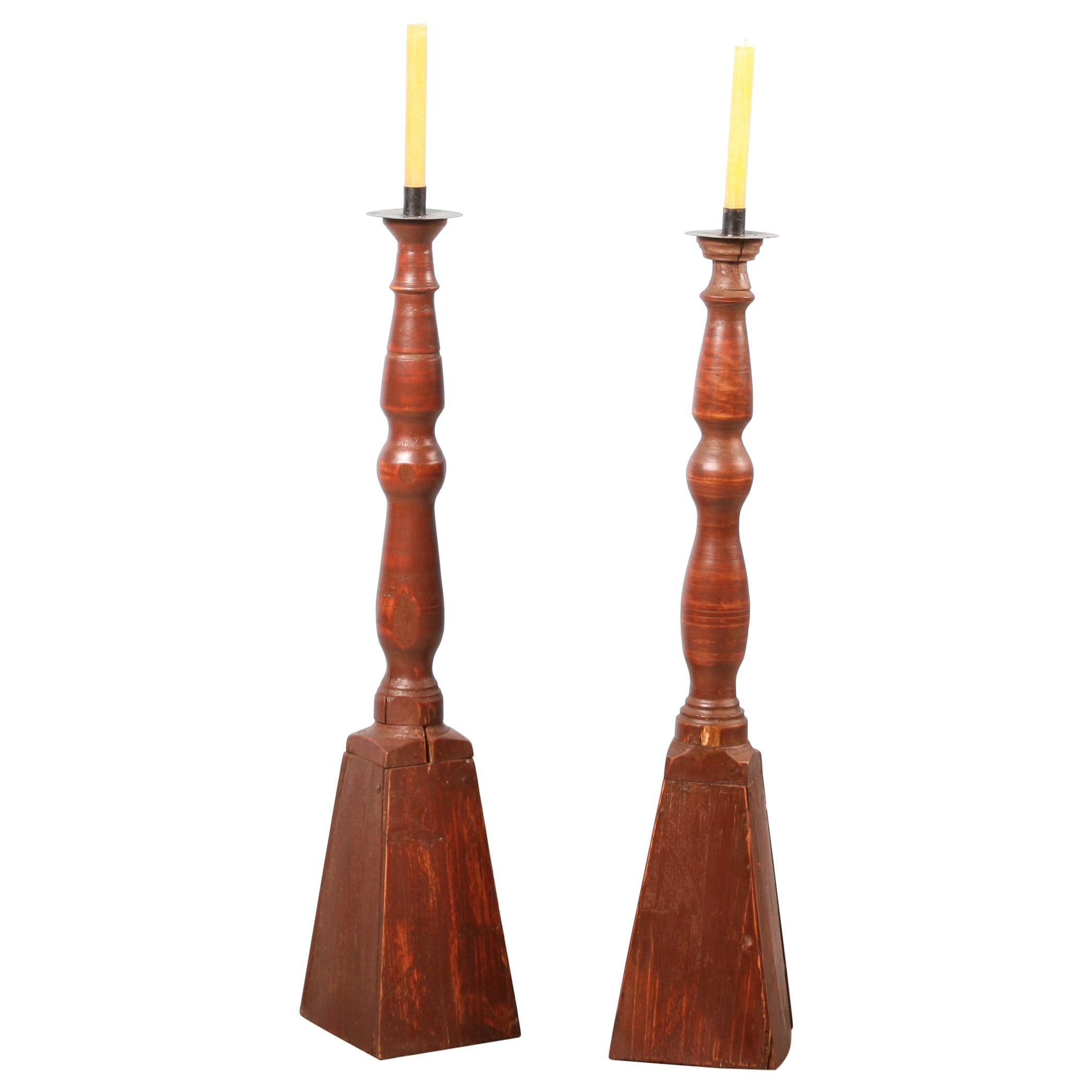 Pair of Large Antique Wooden Candlesticks - Sweden ca. 1840