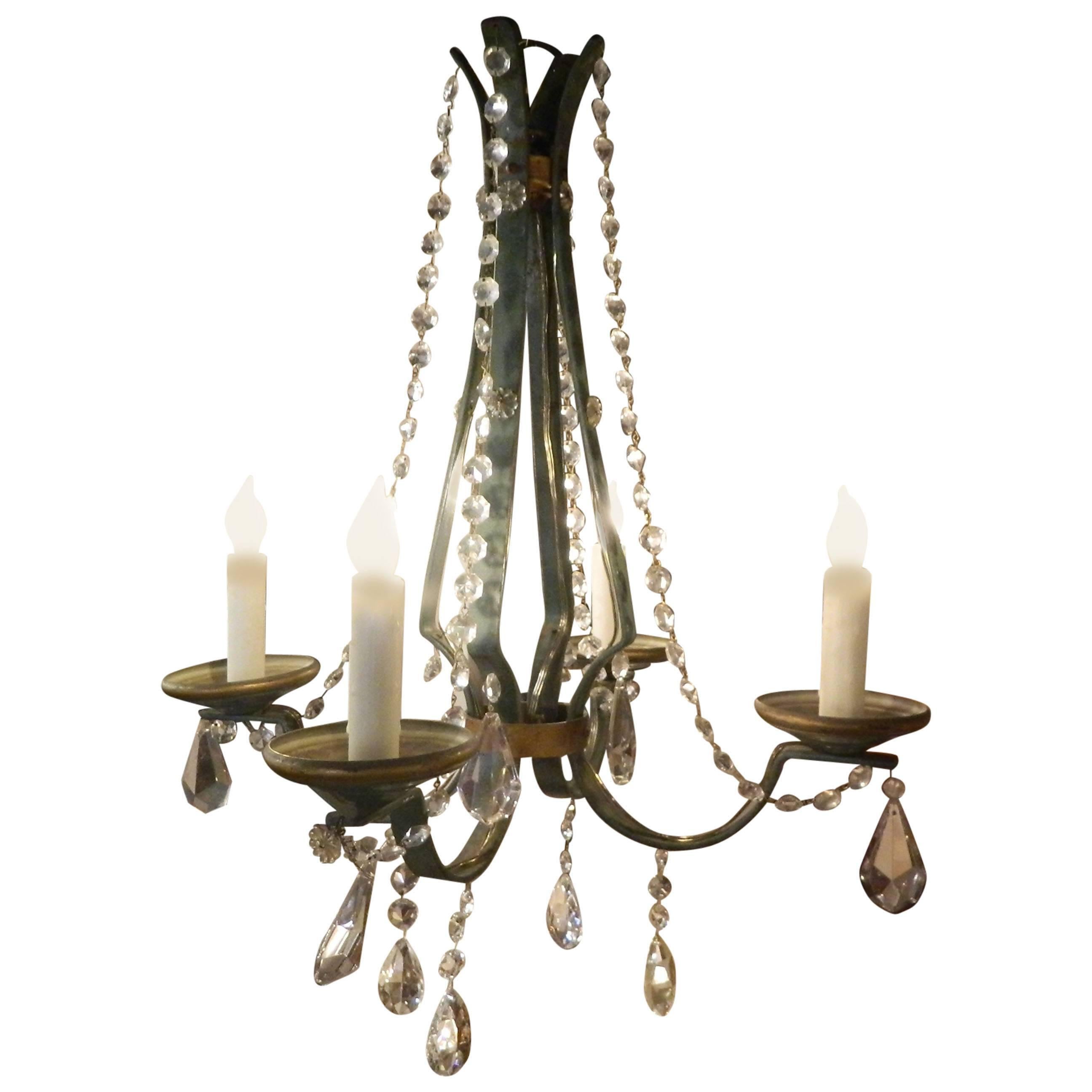 19th Century French Painted Green and Gold Iron and Crystal Chandelier For Sale
