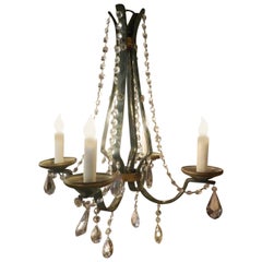 19th Century French Painted Green and Gold Iron and Crystal Chandelier