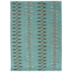 Scandinavian Design Flat-Weave Rug with All-Over Design in Teal, Green and Gray
