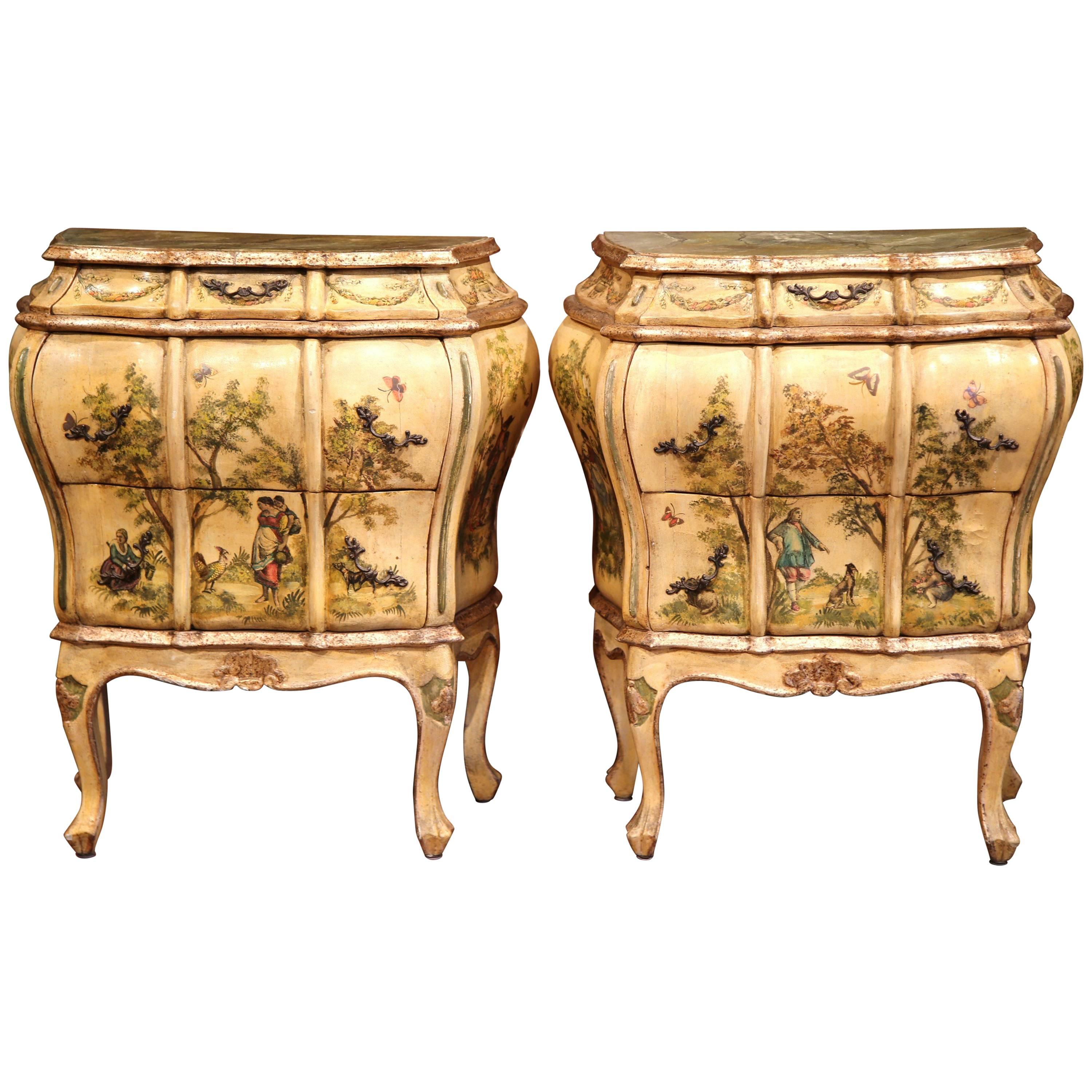 Pair of Mid-20th Century Italian Carved Bombe Hand-Painted Nightstands Tables