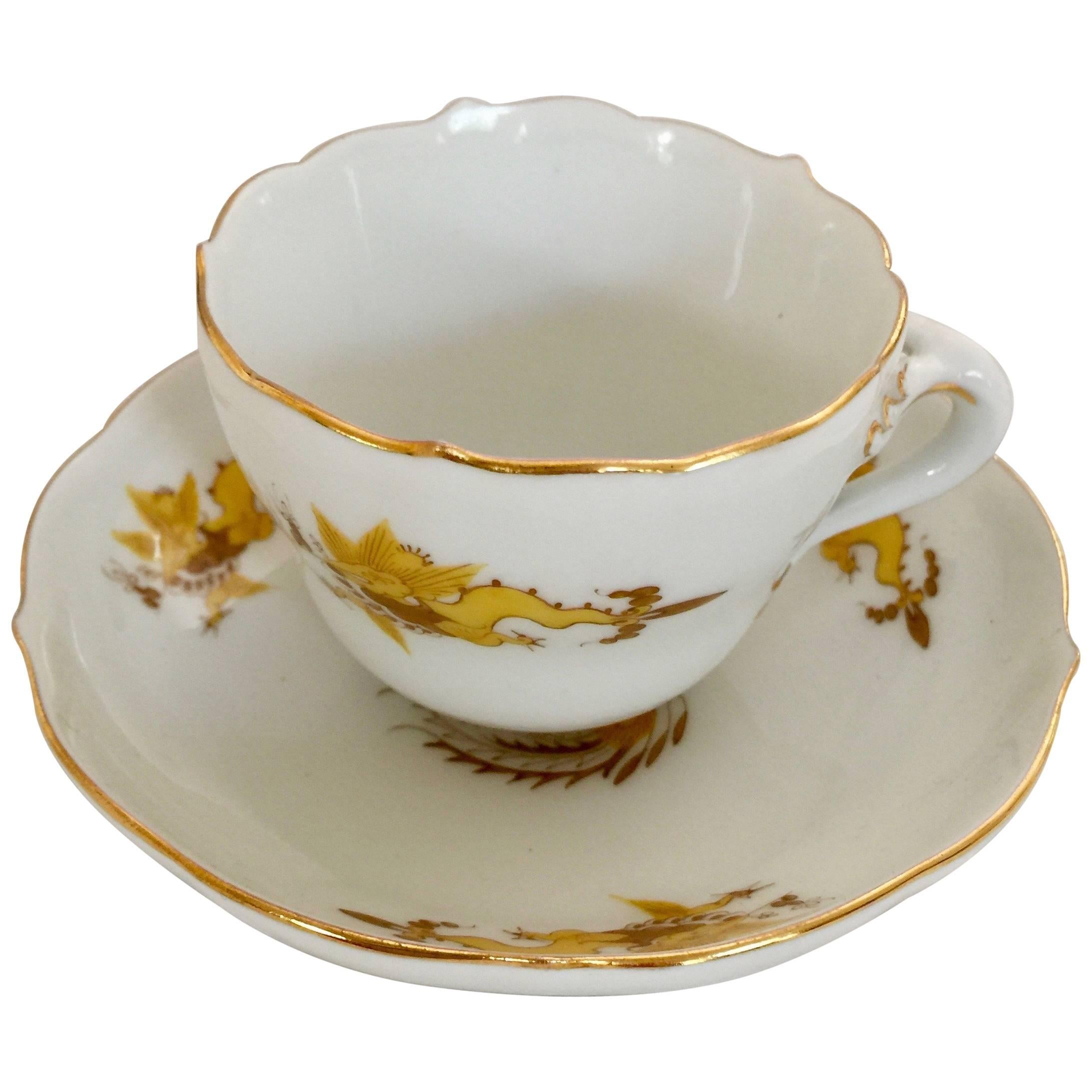 19th Century Meissen Porcelain Scalloped Yellow Dragon Demitasse Cup and Saucer