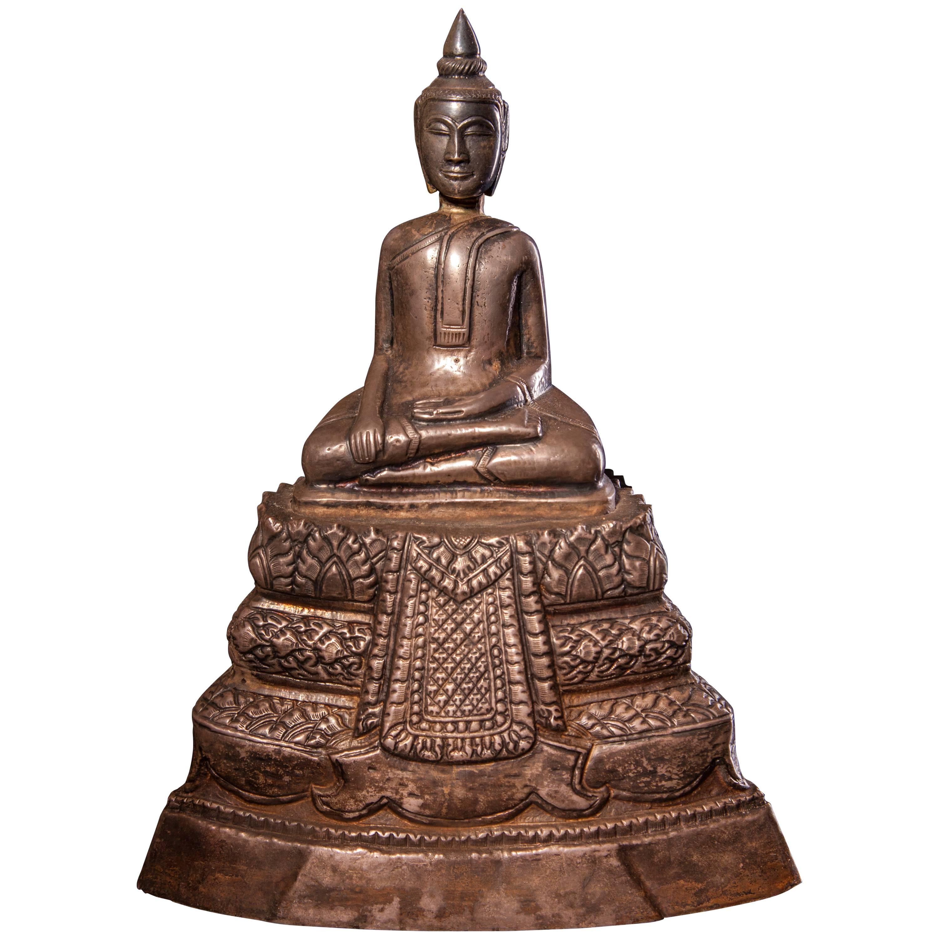 19th Century Silver Figure of a Seated Buddha on a Stepped Pedestal For Sale