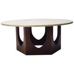 Harvey Probber Round Travertine and Walnut Coffee Table 4