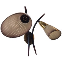 Sculptural Italian Modernist Sconce in Brass, Teak and Striped Glass, 1950s