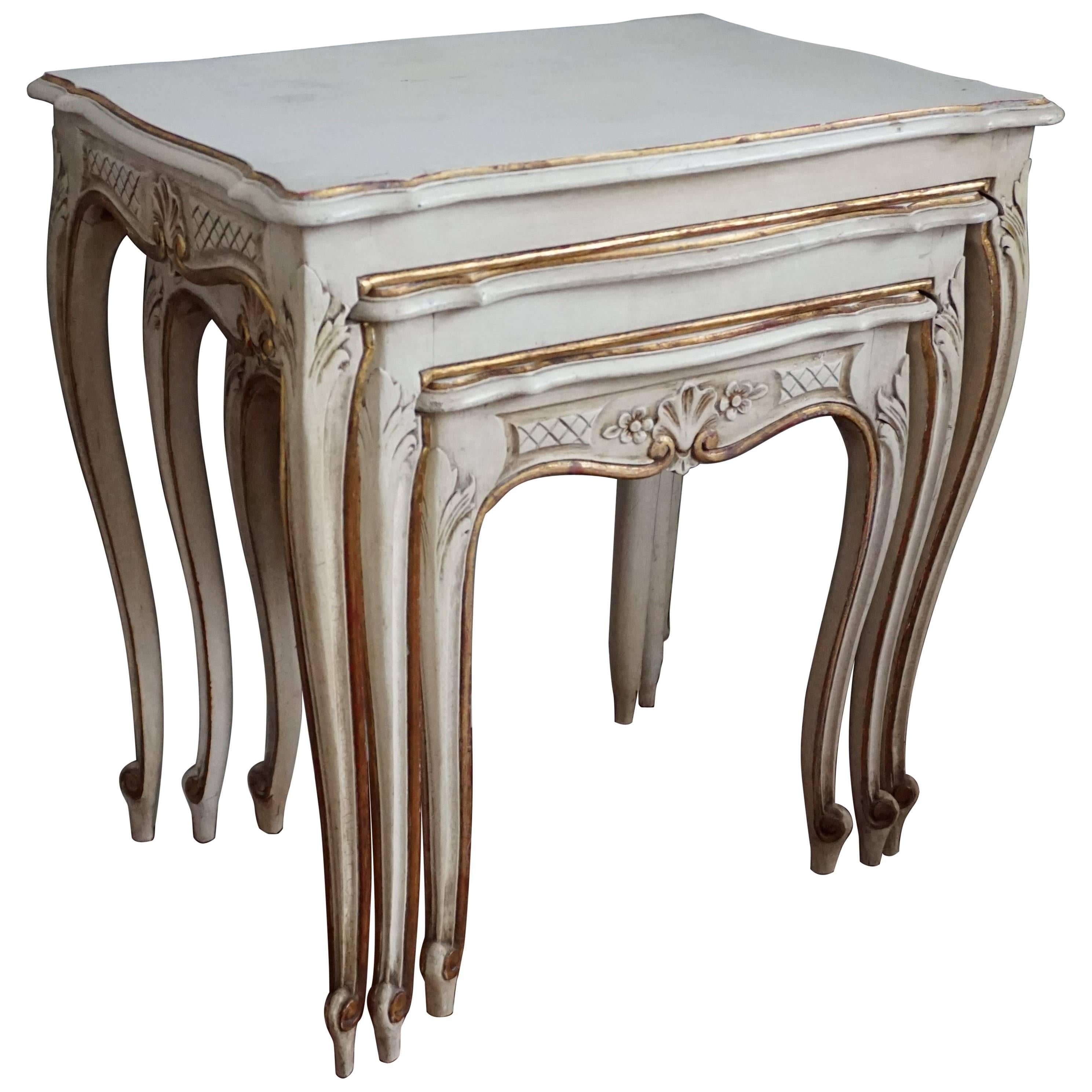 Early 20th Century Italian or French Nest of Tables in Beige-White with Gilding