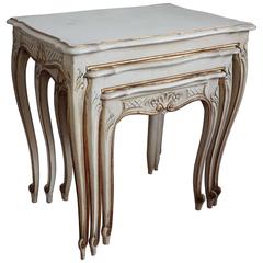 Antique Early 20th Century Italian or French Nest of Tables in Beige-White with Gilding