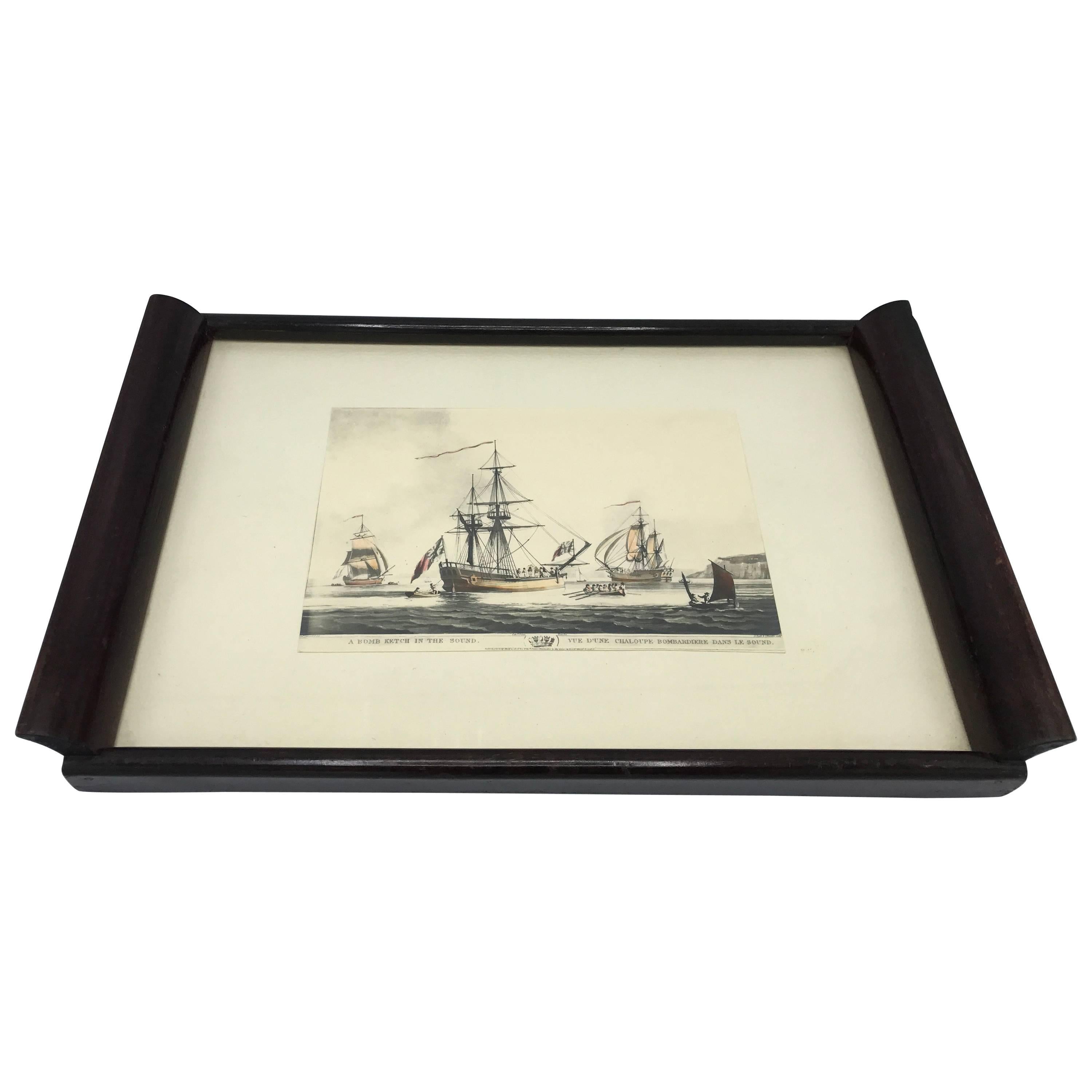 1930s Sailboat Nautical Scape Tray with Wood For Sale