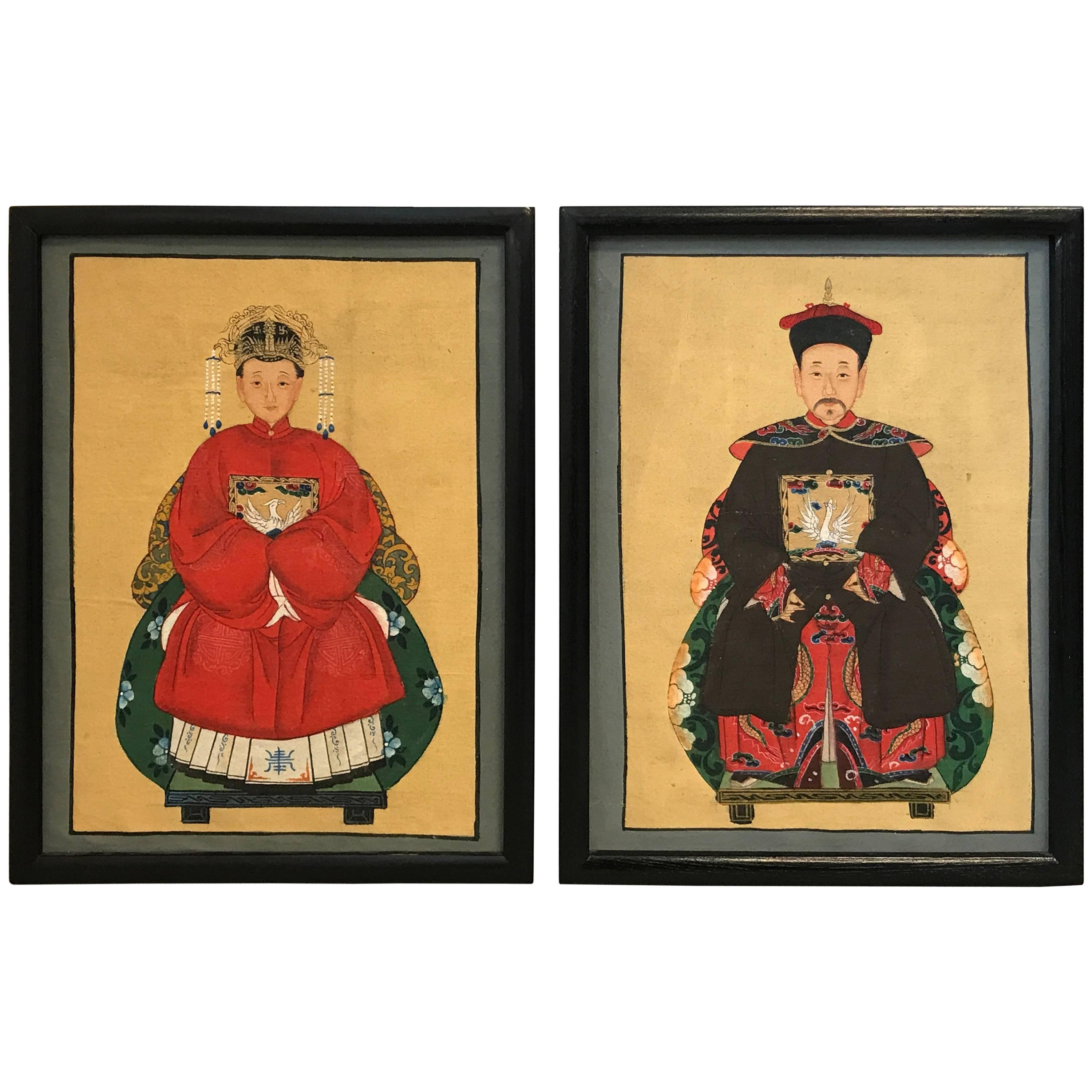 1960s Asian Emperor and Empress Framed Paintings, Pair For Sale