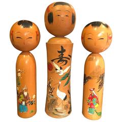 Charming Japanese Hand-Painted Kokeshi Doll Trio Mint and Signed