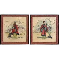 1960s Asian Emperor and Empress Prints with Red Frame, Pair