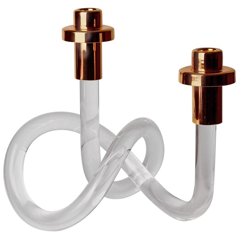 Gold and Lucite Twisted Pretzel Candlestick Holder/Candelabra by