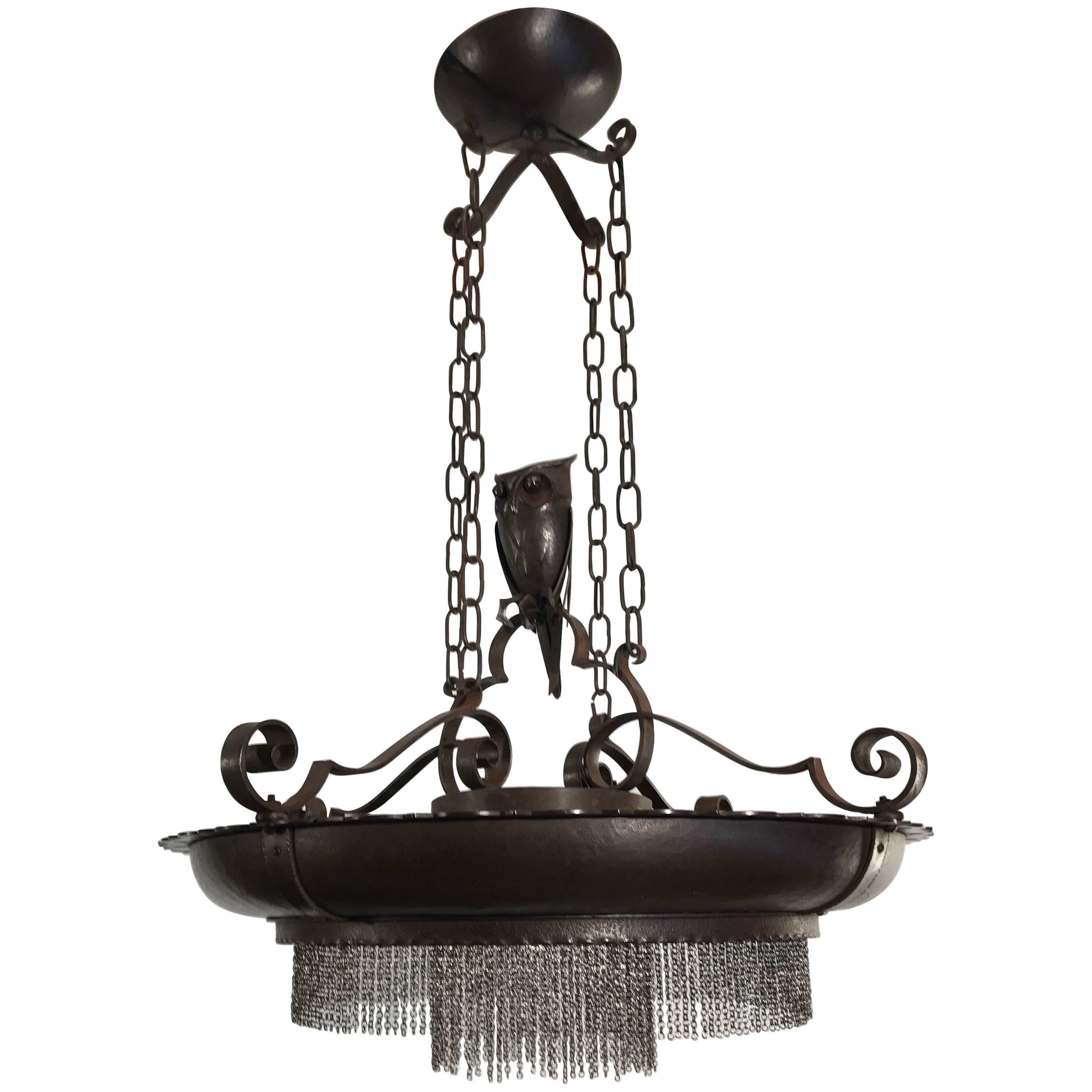 Amazing Arts and Crafts Wrought Iron Chandelier with Owl Sculpture, early 1900s