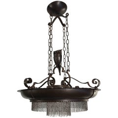 Amazing Arts and Crafts Wrought Iron Chandelier with Owl Sculpture, early 1900s