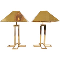 Rare Pair of 1970s US Geometric 'X' Brass Table Lamps by Curtis Jere