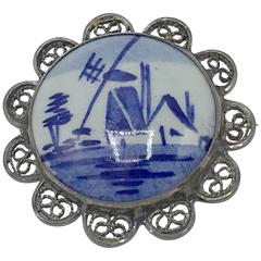 Antique 19th Century Delft Pin with Silver Framing