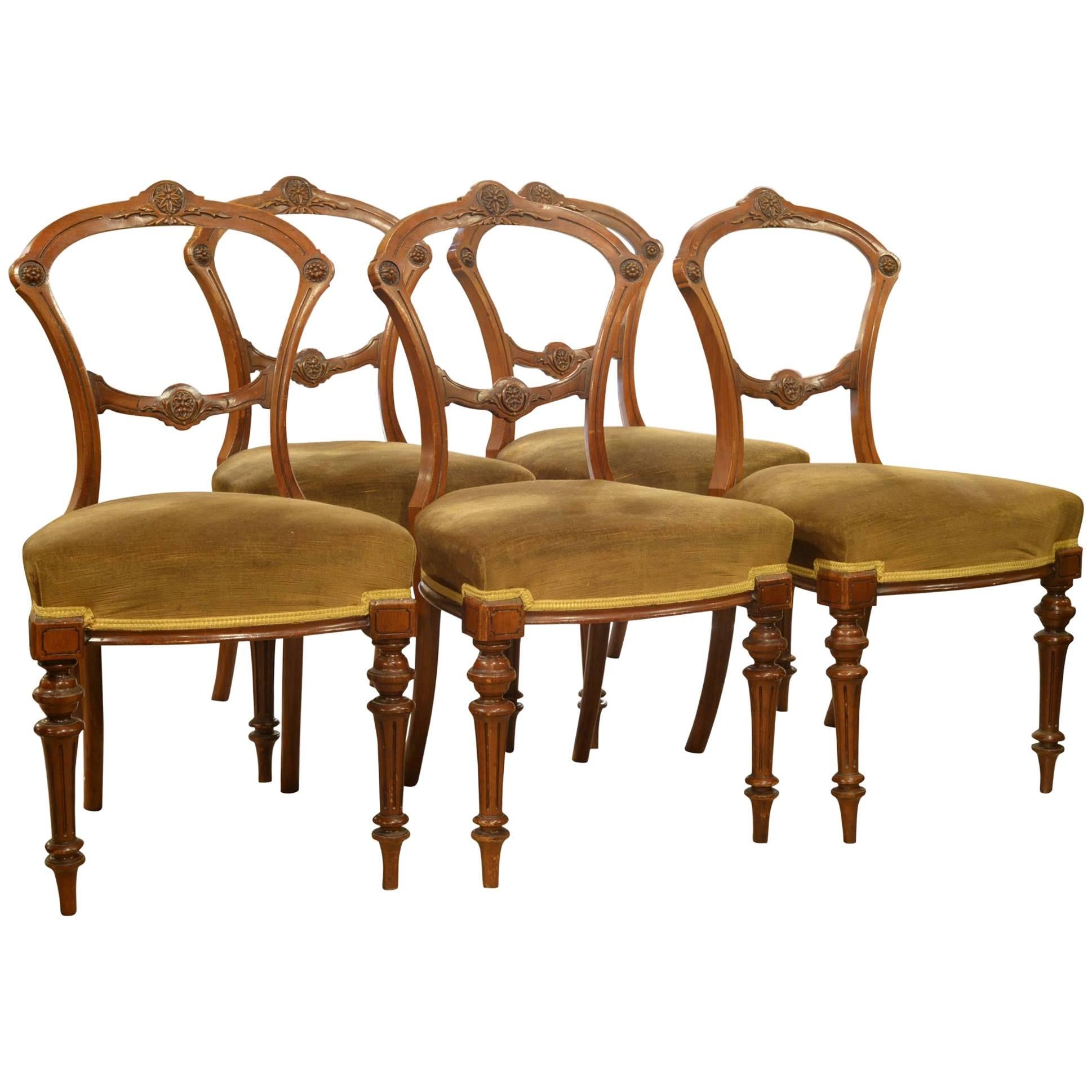 Set of Five Late Victorian Walnut Dining Chairs  For Sale