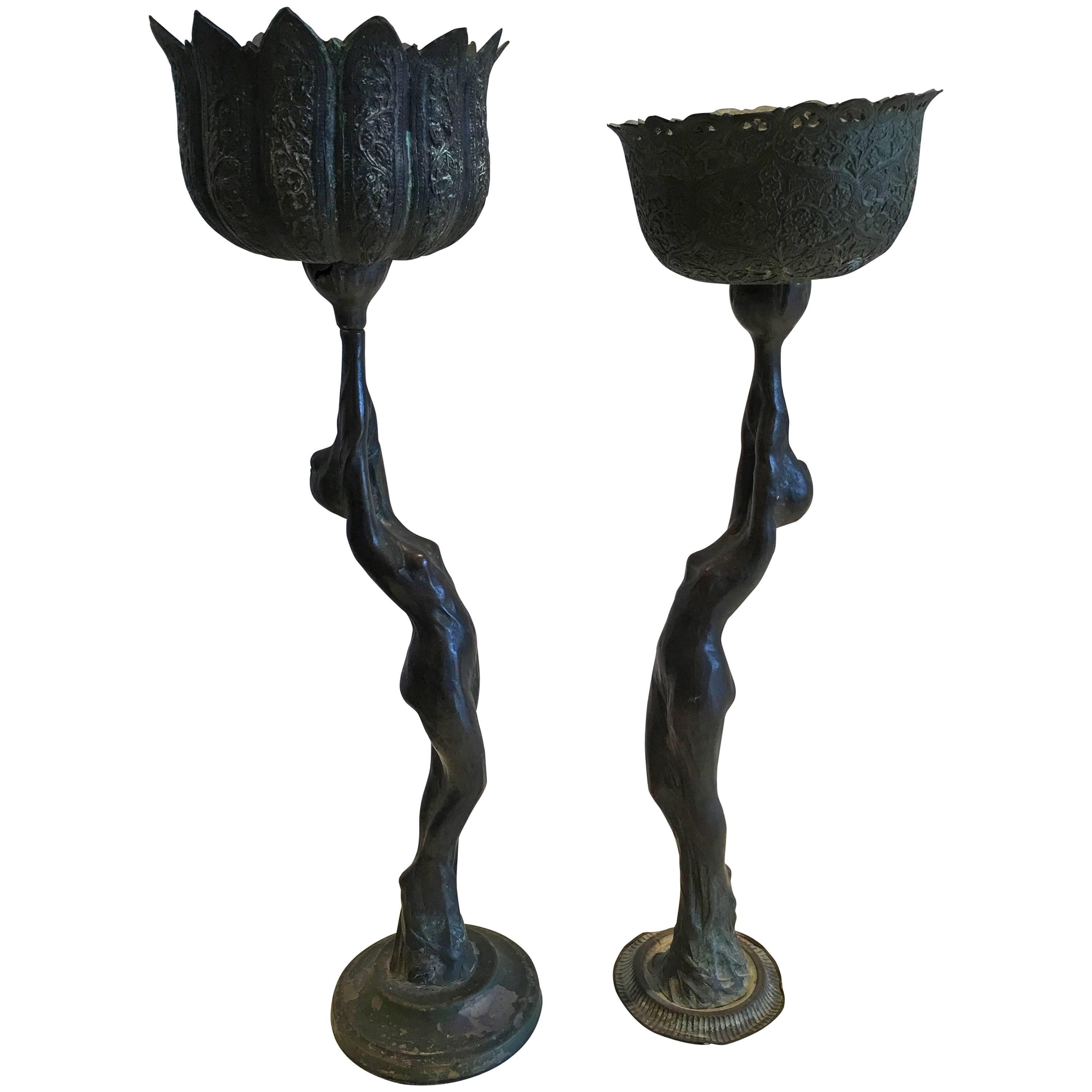 Belle Époque Period Bronze Female Vessels 'Pair'