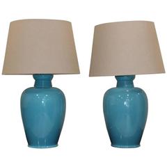 Pair of French 1950s Turquoise Ceramic Table Lamps