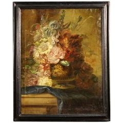 Antique 19th Century Italian Still Life Painting Vase with Flowers