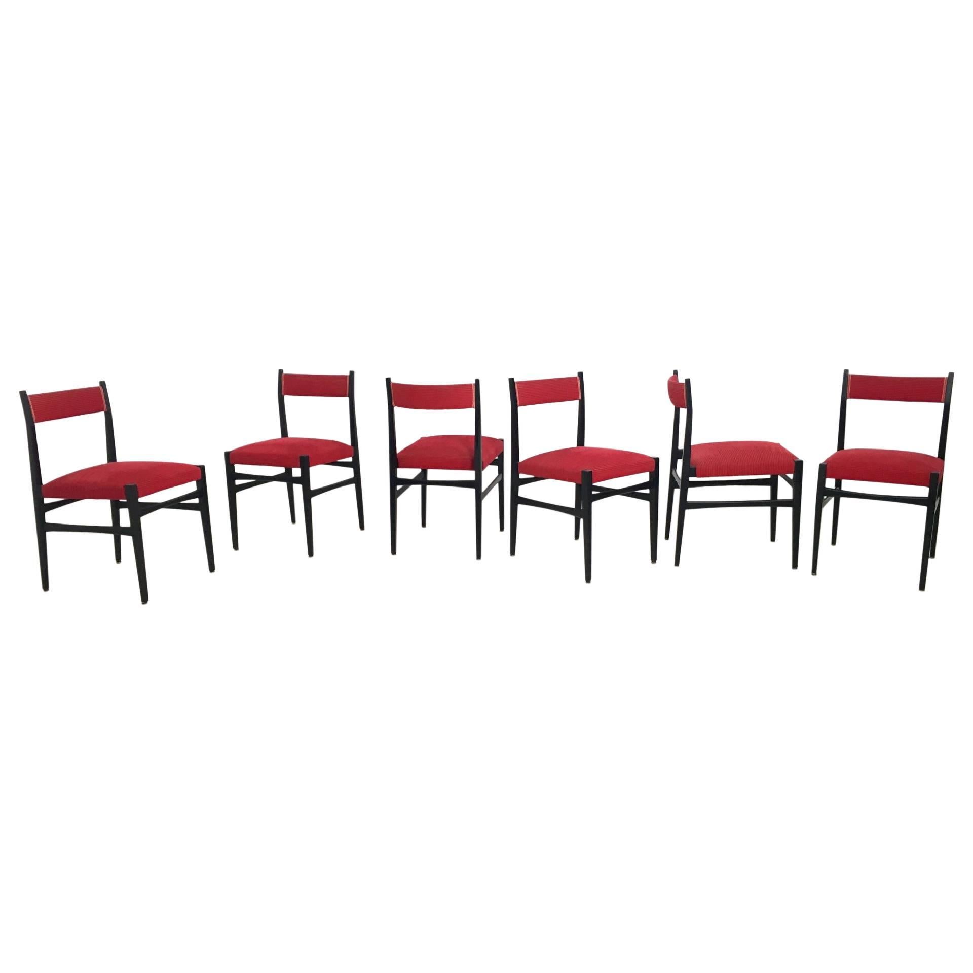 Set of Six Ebonized Wood and Fabric Dining Chairs, Italy, 1960s