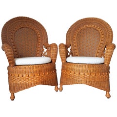 Pair of Large French Provençal Vintage Wicker Rattan Throne Armchairs