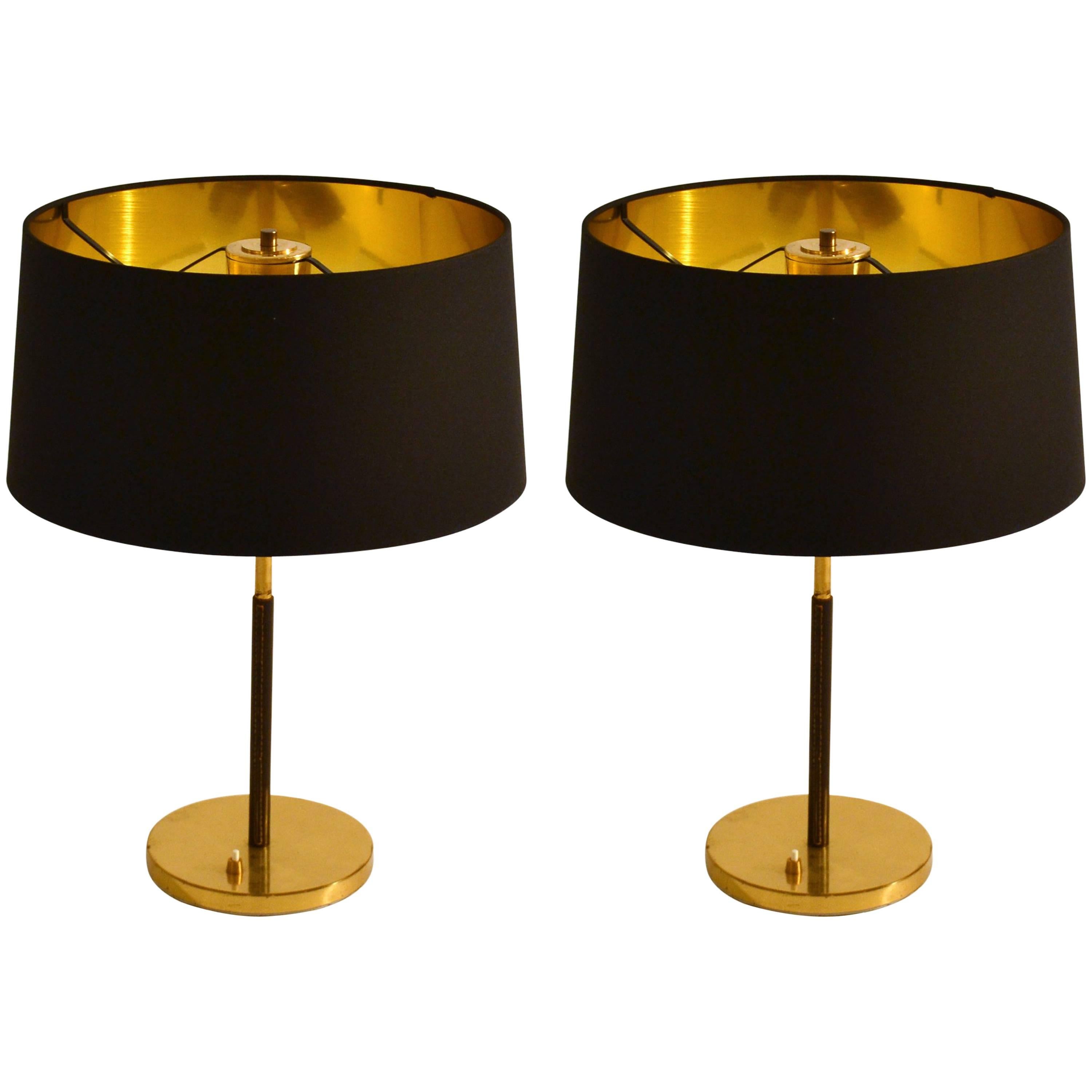 1950s Pair of Minimal Black and Gold Table Lamps by Kalmar