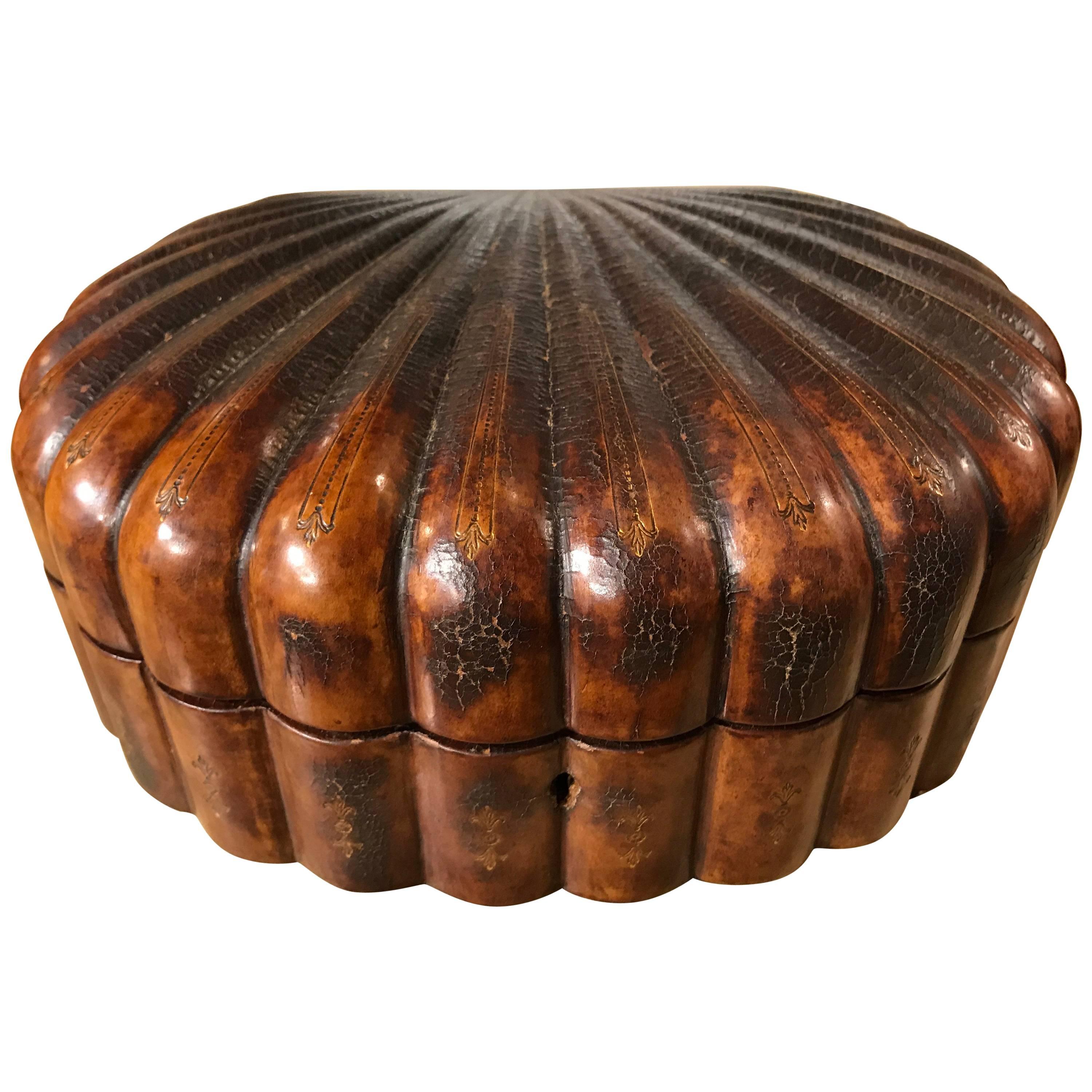 Italian Leather Scallop Form Box with Gilt Tooling