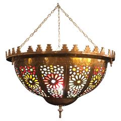 Retro Tiffany Fashioned Hand-Hammered Brass and Colored Glass Light Fixture