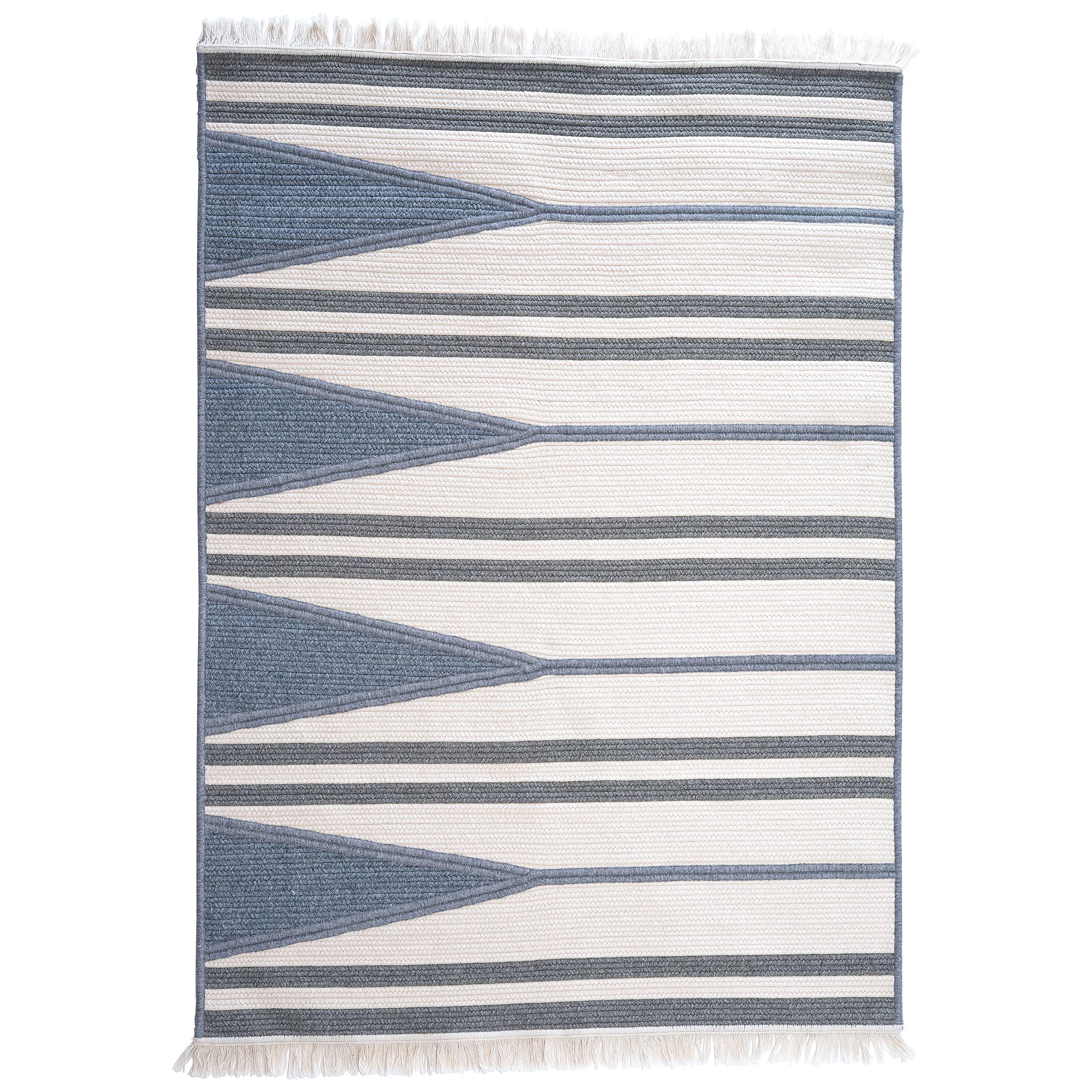 Aya Rug, Natural Woven Blue & White Wool, Custom Made in the USA For Sale