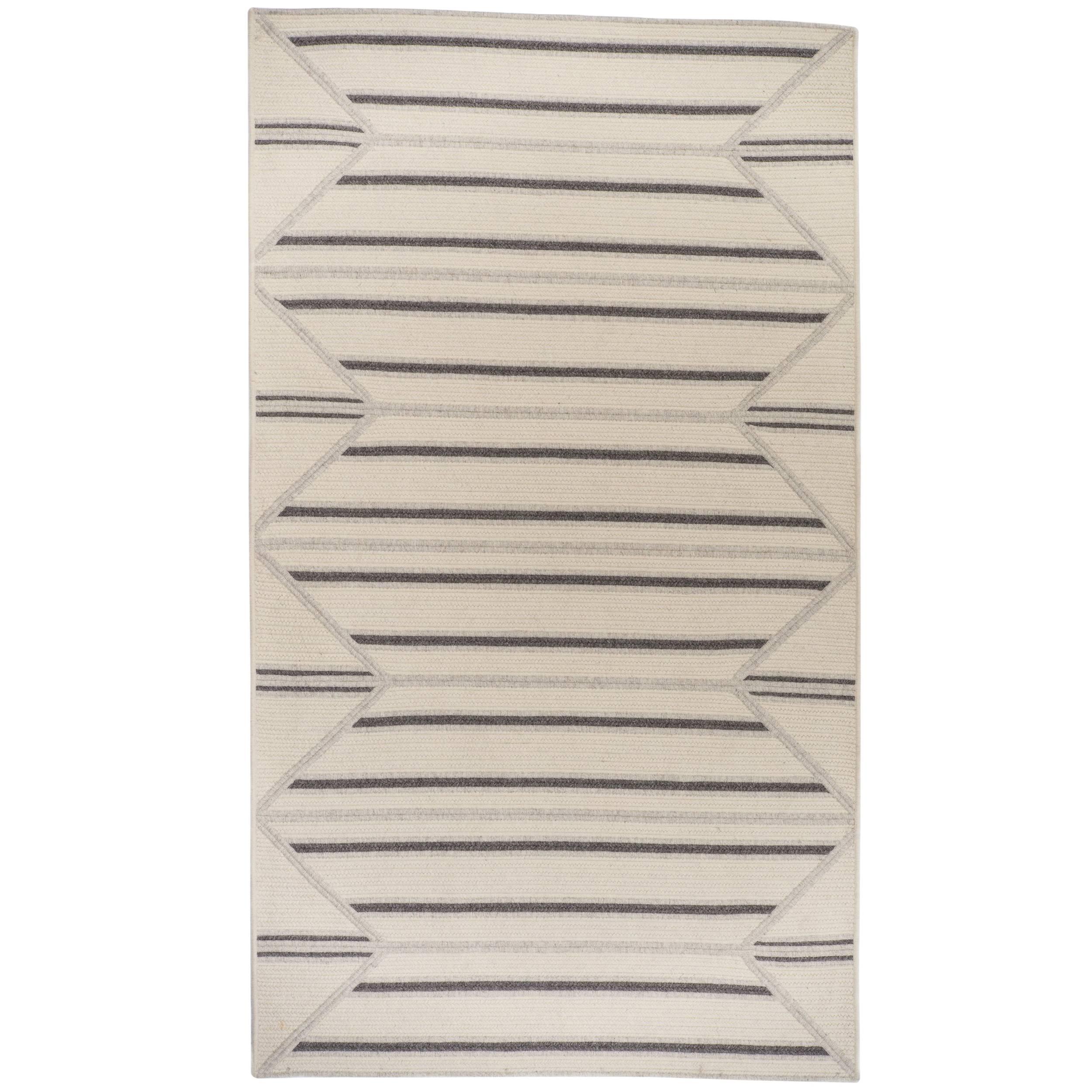 Natural Woven Wool Rug in Grey Cream, Custom Crafted in USA & Reversible, Inlay For Sale