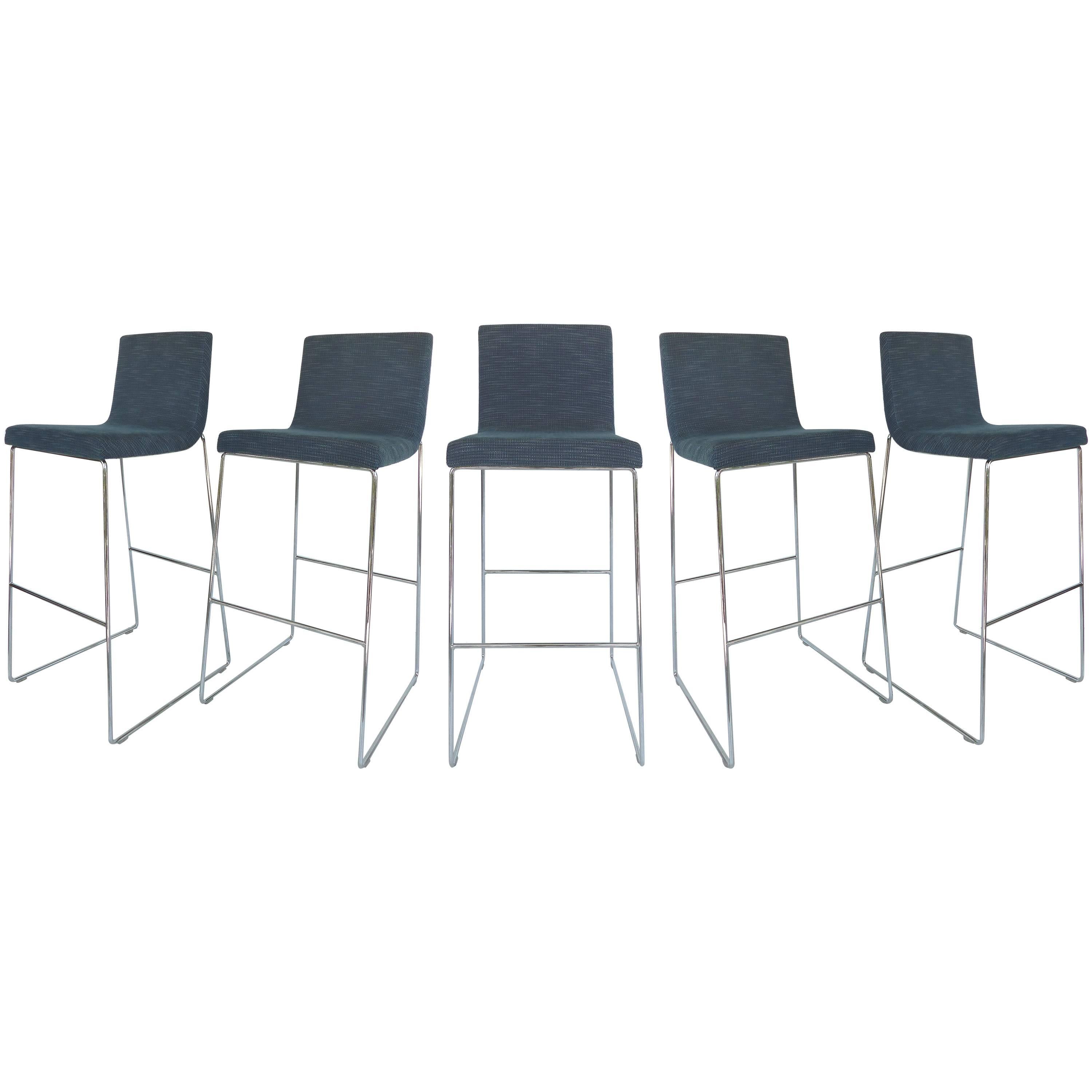 Set of Five Contemporary Upholstered Bar Stools in Stainless Steel, per item