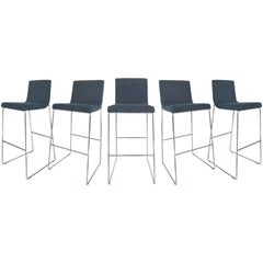 Set of Five Contemporary Upholstered Bar Stools in Stainless Steel, per item