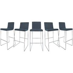 Set of Five Contemporary Upholstered Bar Stools in Stainless Steel