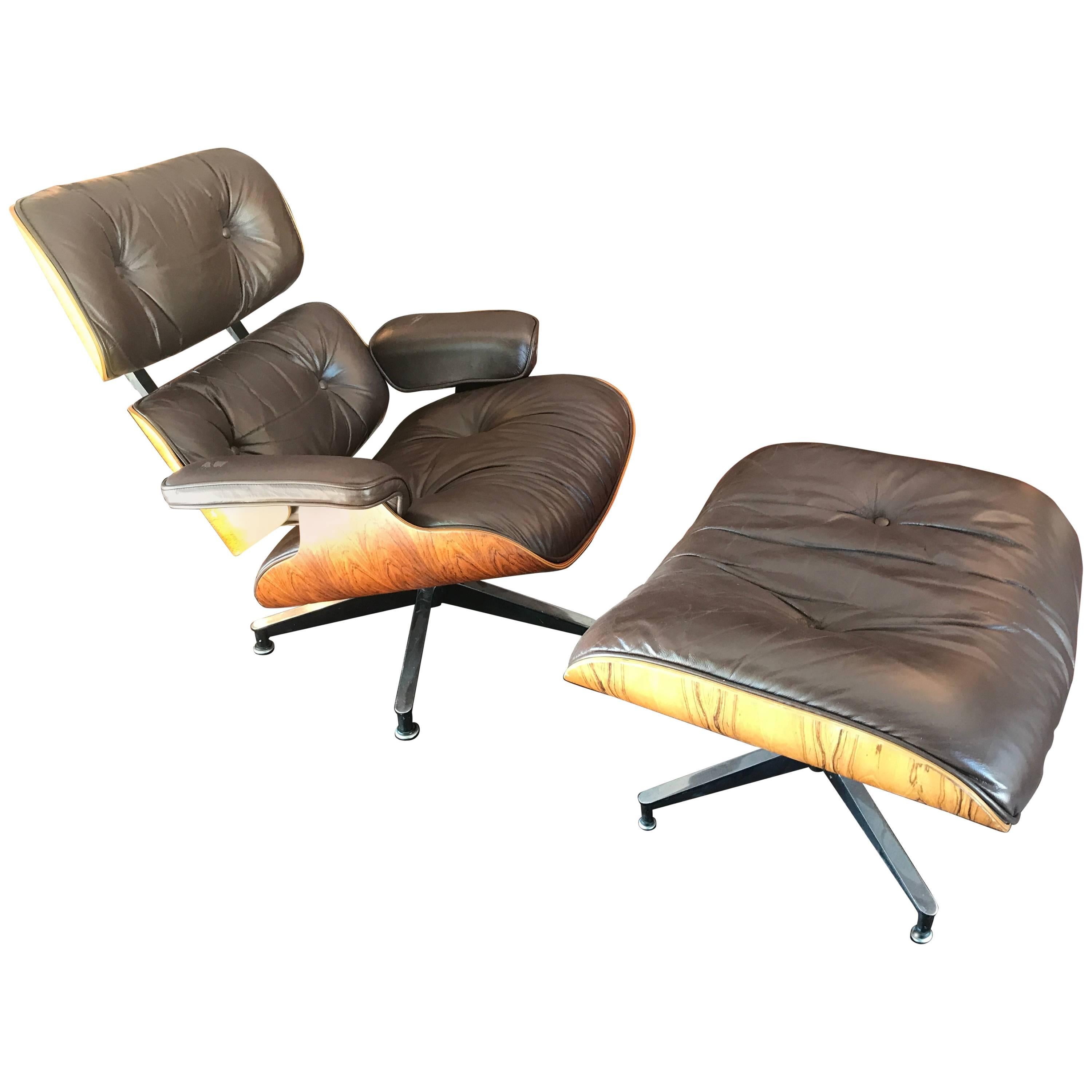 Vintage Eames Lounge Chair and Ottoman Brown Leather Rosewood
