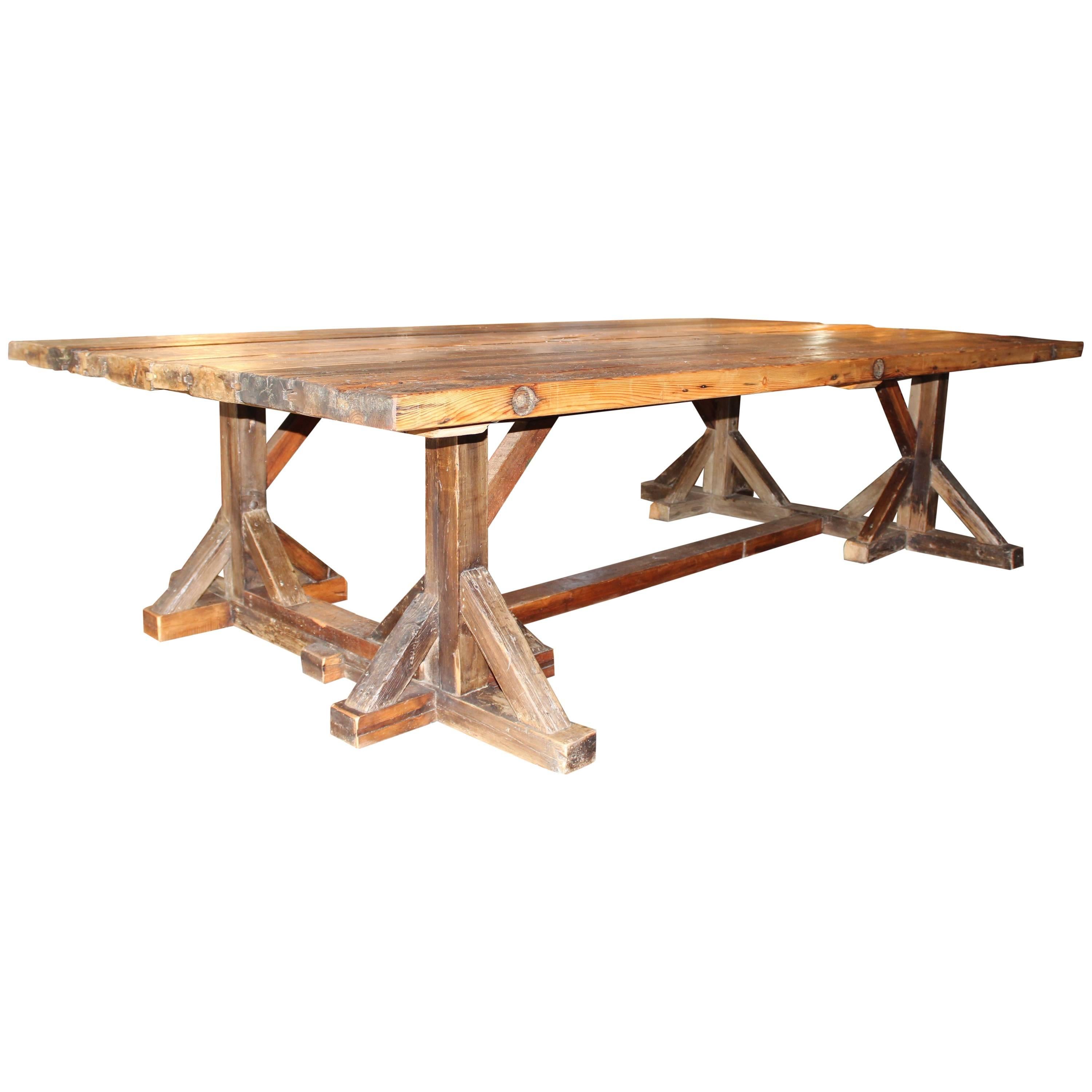 Oversize French Antique Style Shop Table on Architectural Base, Pine