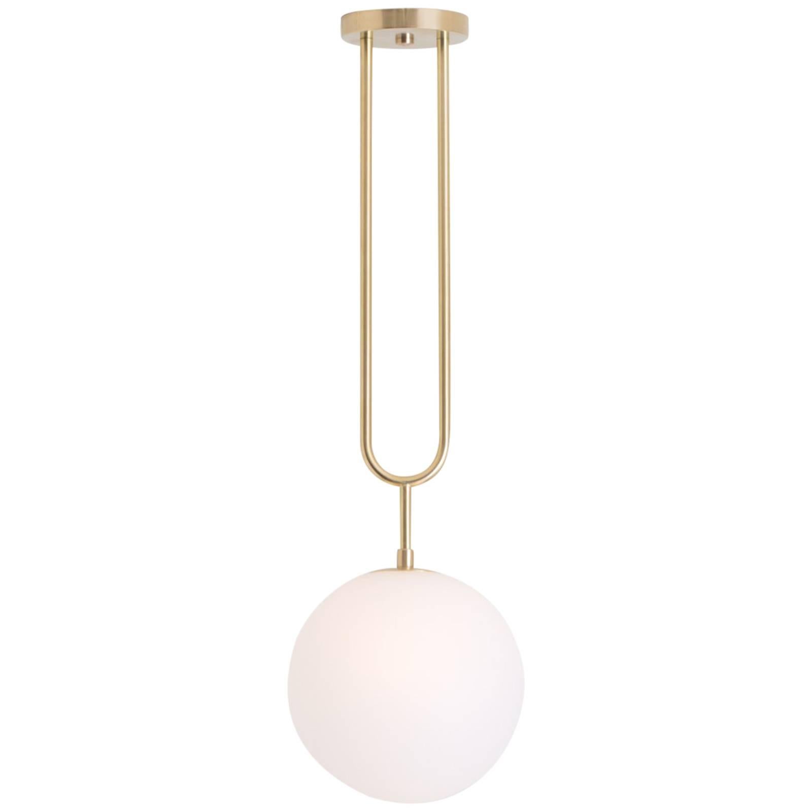 Koko, A Modern Pendant Light with Satin Globe Shade in Brushed Brass Finish