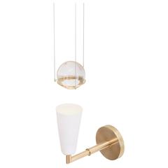 Grace, A Brass Wall Sconce with White Porcelain Shade and Suspended Glass Sphere