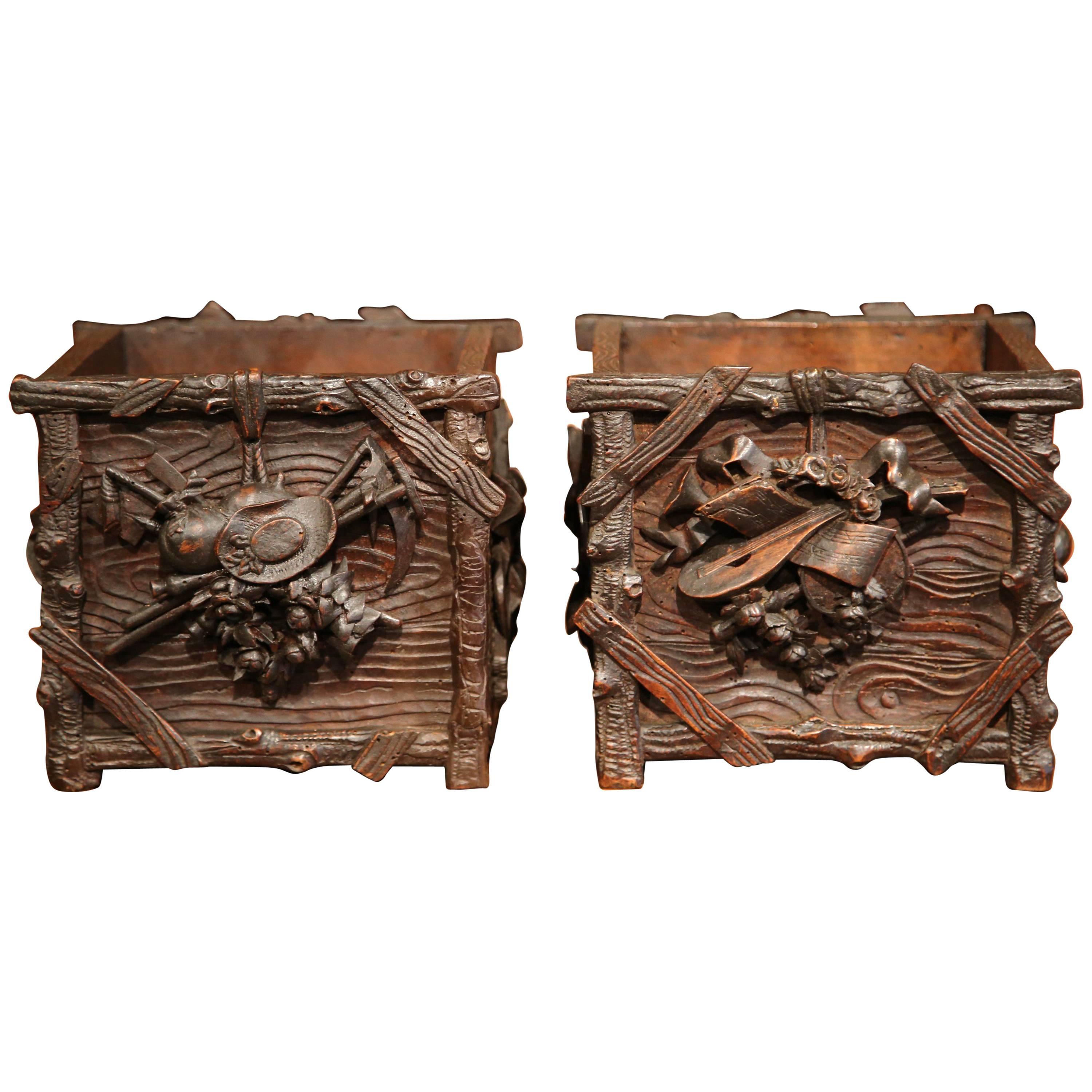 Pair of 19th Century French Carved Walnut Black Forest Square Jardinieres